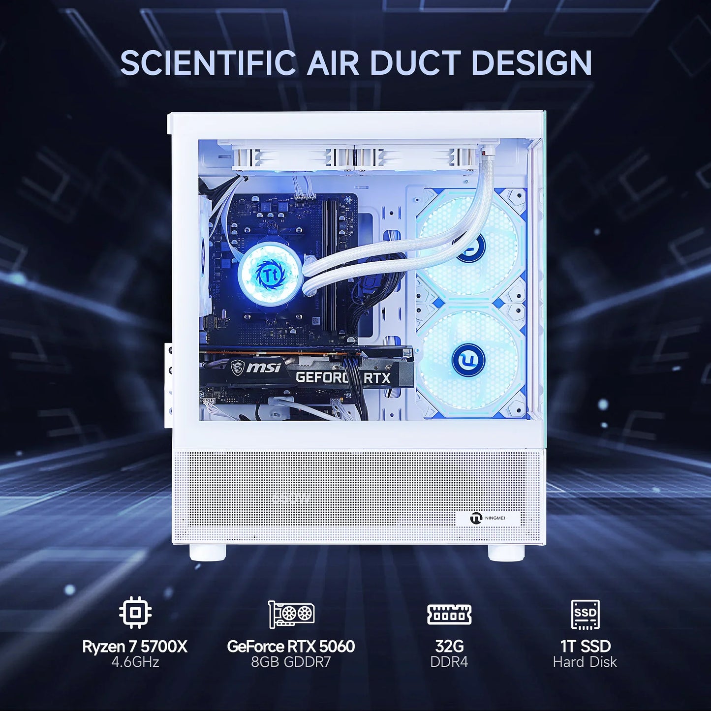 White gaming PC case with Ryzen 7 5700X CPU, GeForce RTX 5060 GPU, 32GB DDR4 RAM, and 1TB SSD