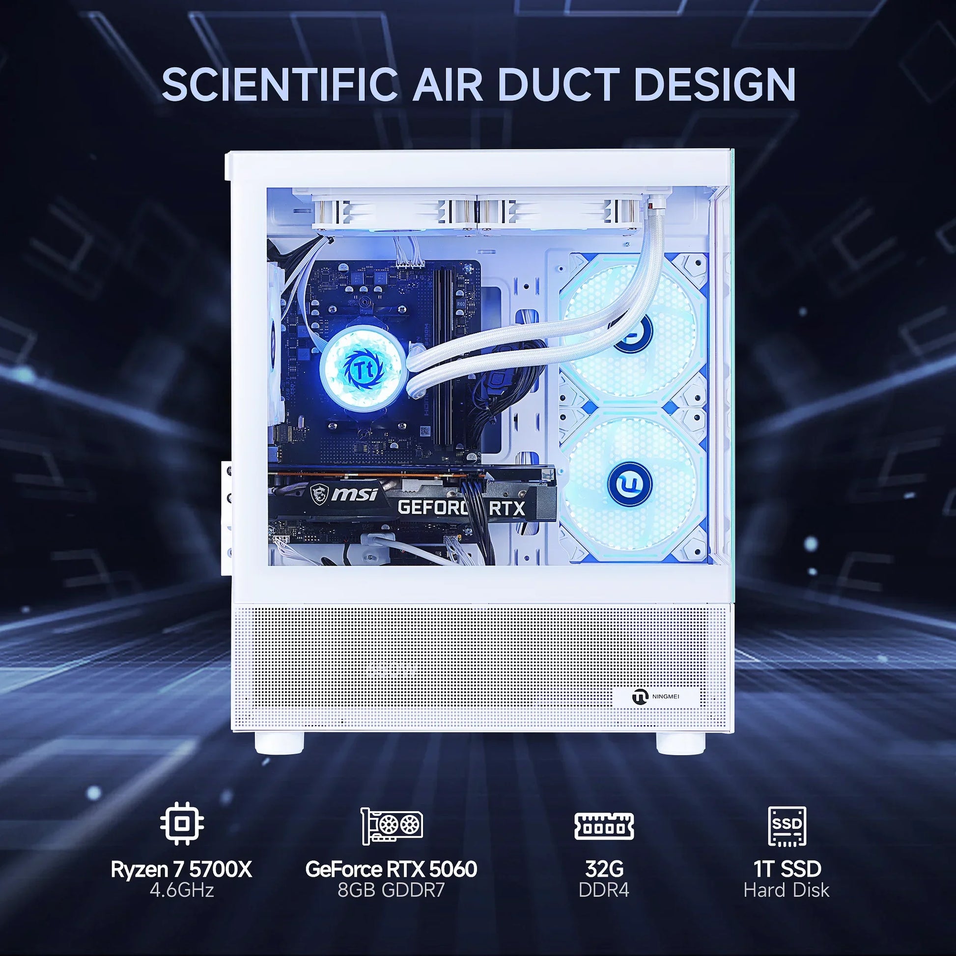 White gaming PC case with Ryzen 7 5700X CPU, GeForce RTX 5060 GPU, 32GB DDR4 RAM, and 1TB SSD