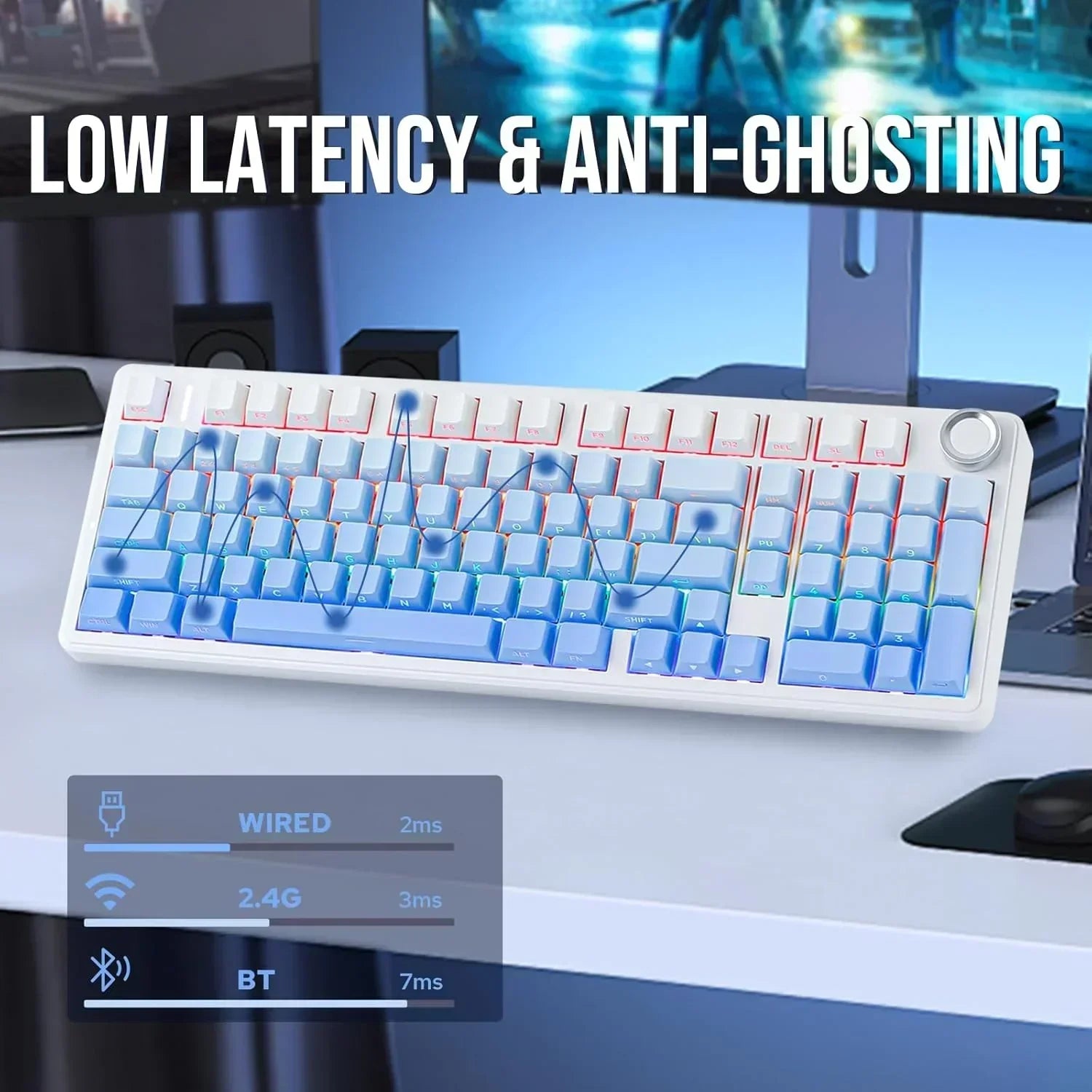 RGB gaming keyboard with low latency and anti-ghosting on a modern gaming desk setup