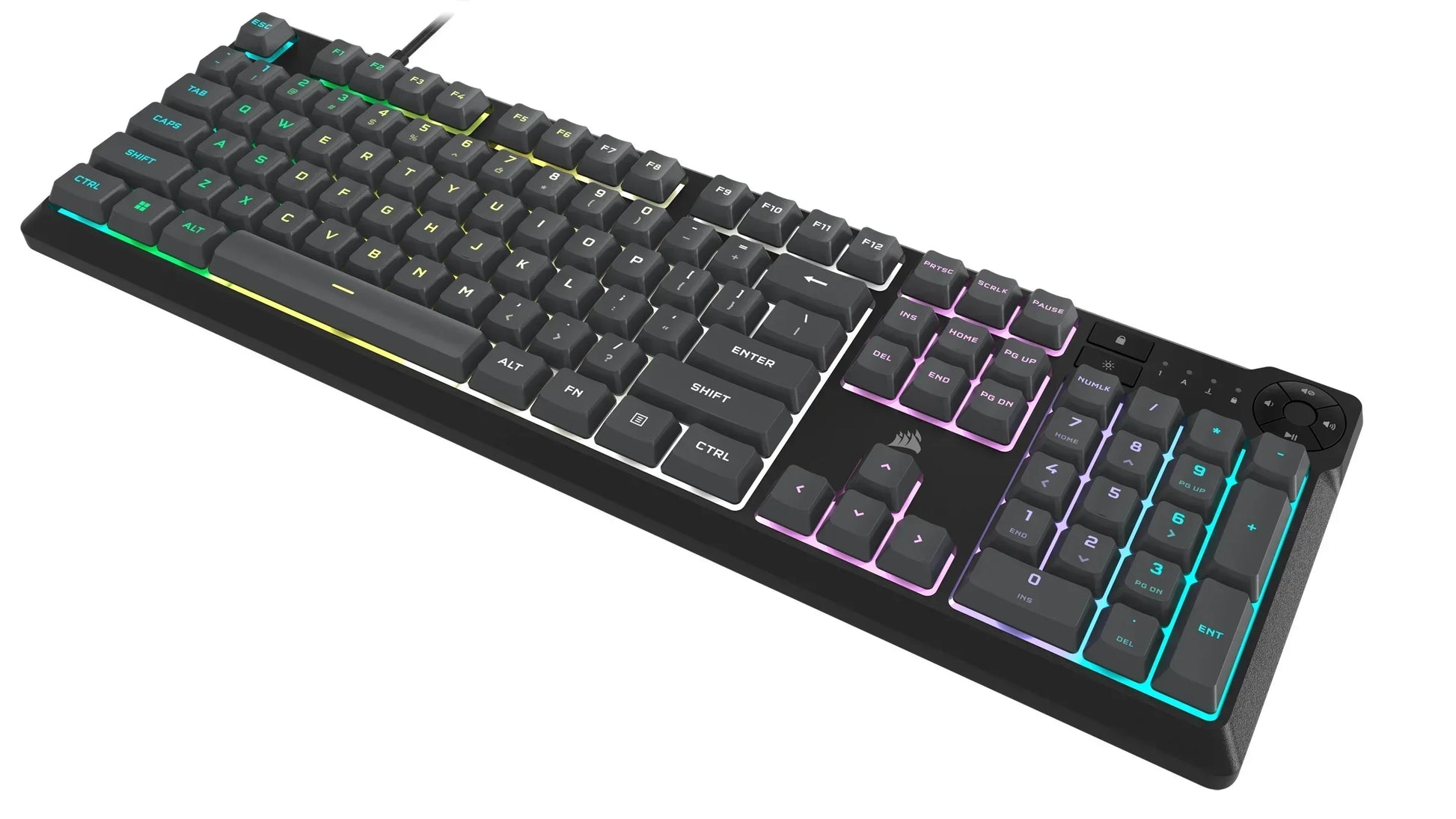RGB mechanical gaming keyboard with black keys, colorful backlighting, and media controls