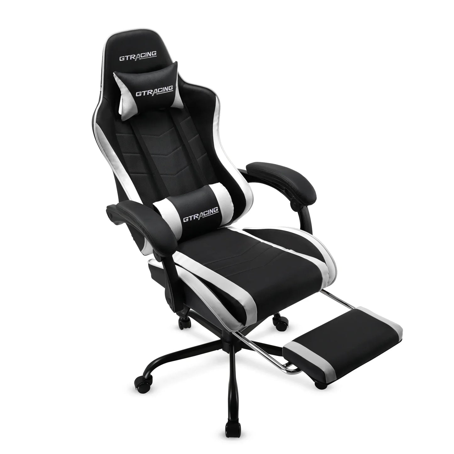 Black and white GT Racing ergonomic gaming chair with footrest and adjustable cushions