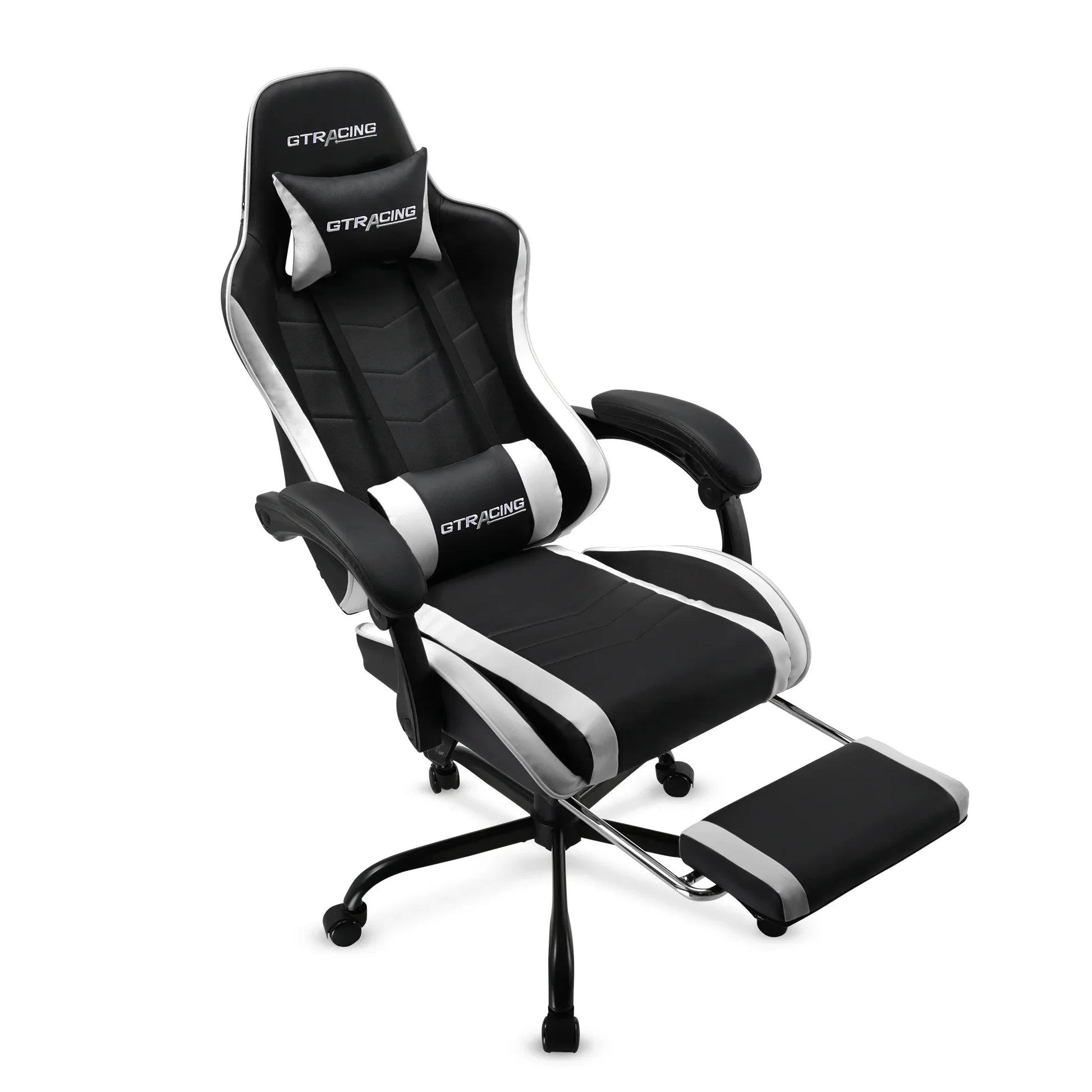 Black and white GT Racing ergonomic gaming chair with footrest and adjustable cushions