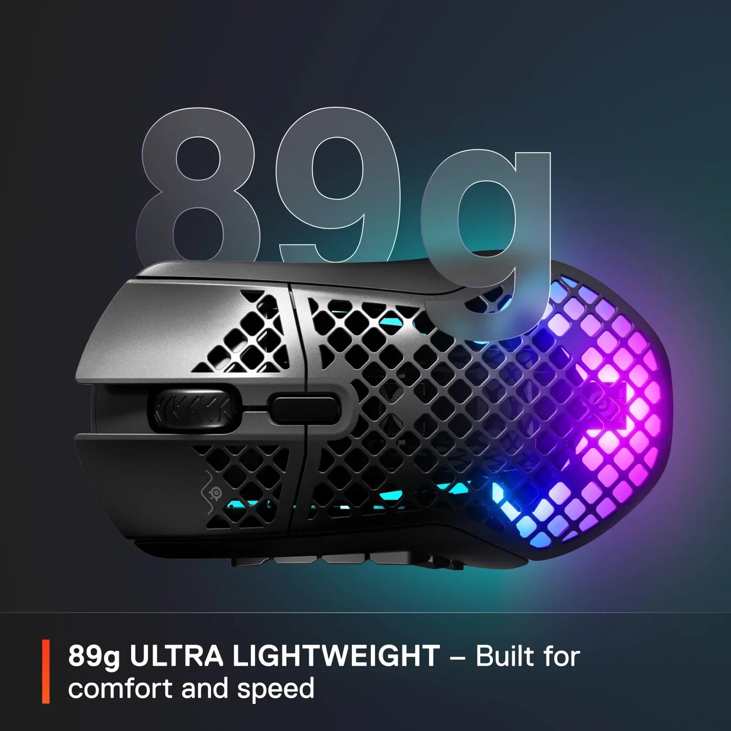 Black ultra-lightweight honeycomb gaming mouse with RGB lighting and 89g weight text
