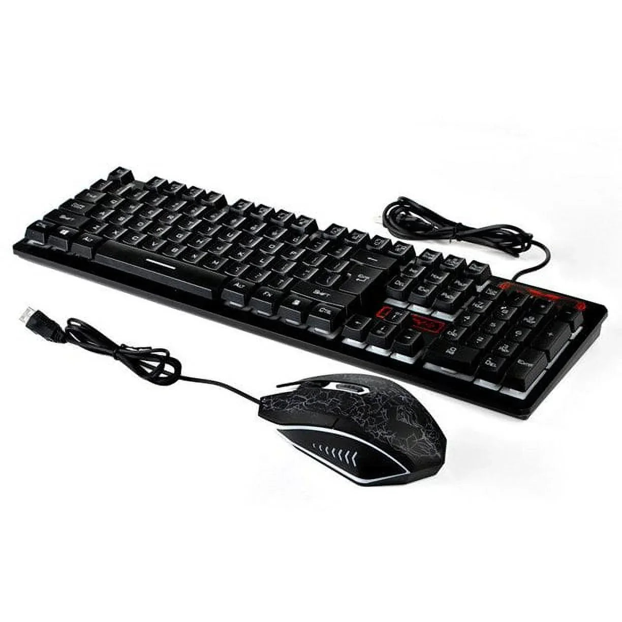 Black wired gaming keyboard and mouse set with LED backlight on white background