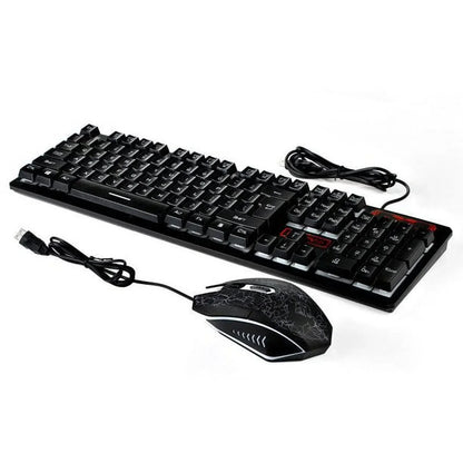 Black wired gaming keyboard and mouse set with LED backlight on white background
