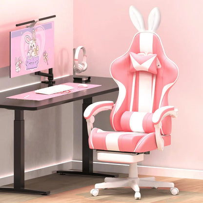 Pink and white bunny ear gaming chair with matching desk setup, ideal for cute gamer aesthetics and cozy PC gaming sessions.