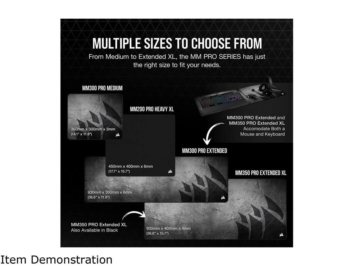 MM Pro gaming mousepads in multiple sizes from medium to extended XL with dimensions and design details
