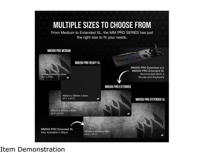 MM Pro gaming mousepads in multiple sizes from medium to extended XL with dimensions and design details