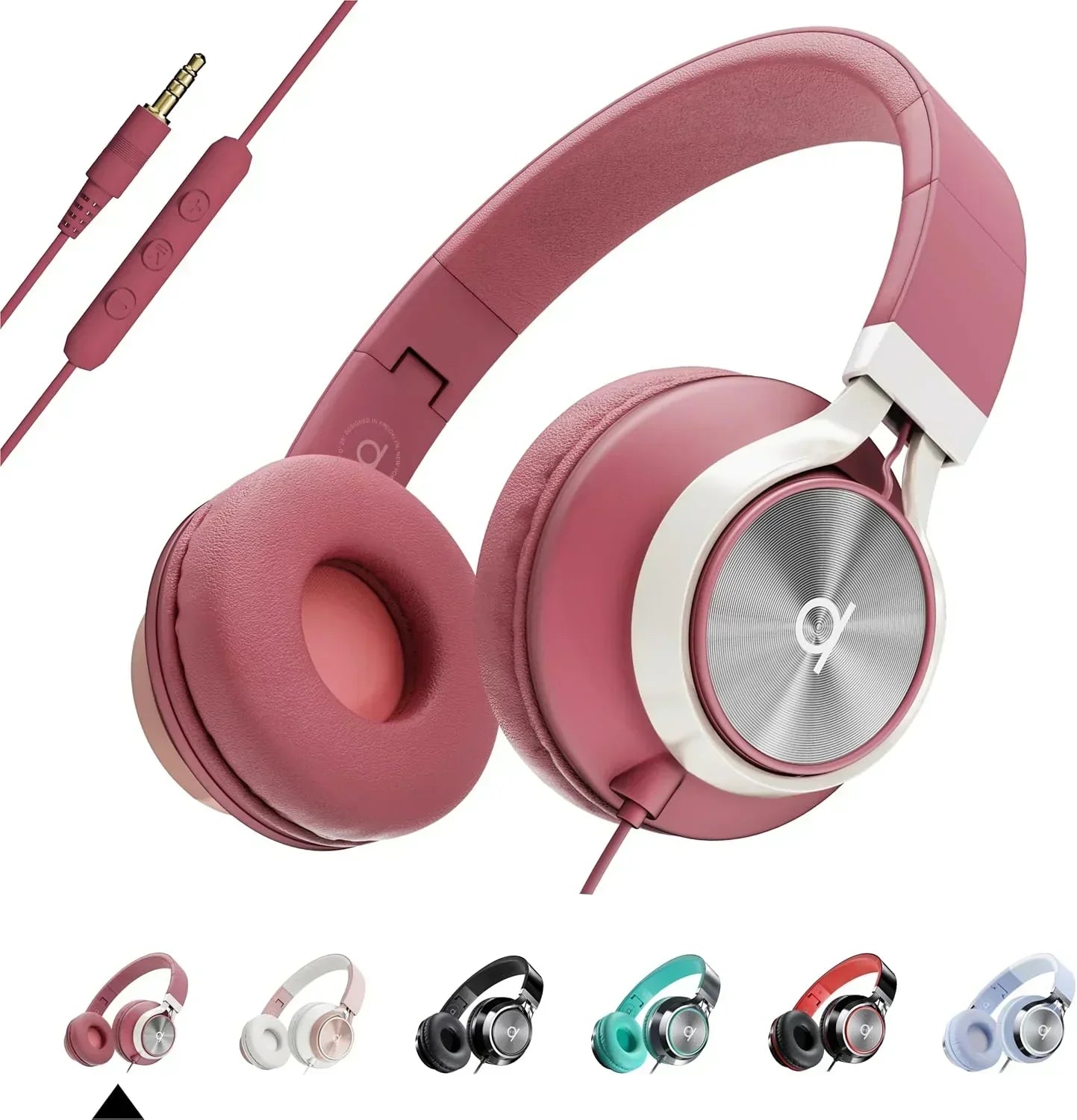Retro style over-ear wired gaming headphones in pink with cushioned ear pads, inline mic, multiple color options