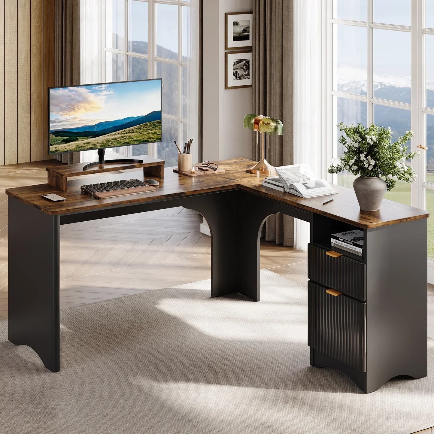 L Shaped Desk with Drawers, 55.7" X 55" Office Computer Desk with round Corners, Monitor Stand & Fluted Panels, White & Walnut