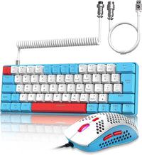 Compact mechanical keyboard with blue, white, and red keys and a white honeycomb gaming mouse with RGB lighting