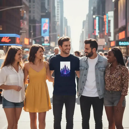 Group of five friends smiling and standing arm-in-arm on a busy city street with tall buildings