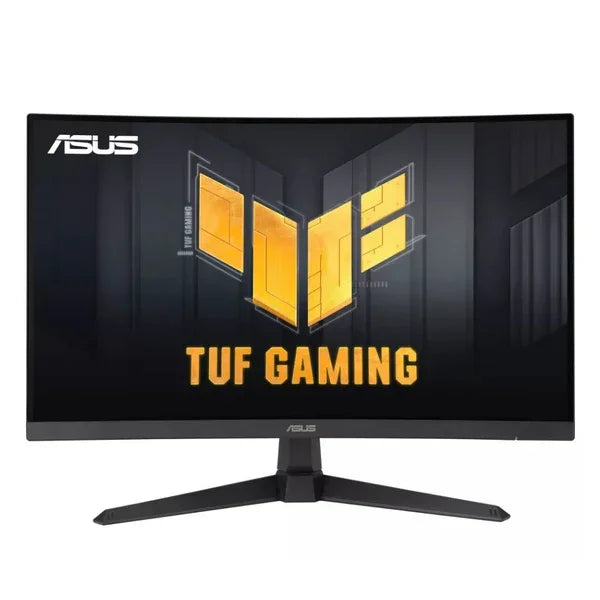 ASUS TUF Gaming curved monitor with orange logo on black background and sturdy black stand