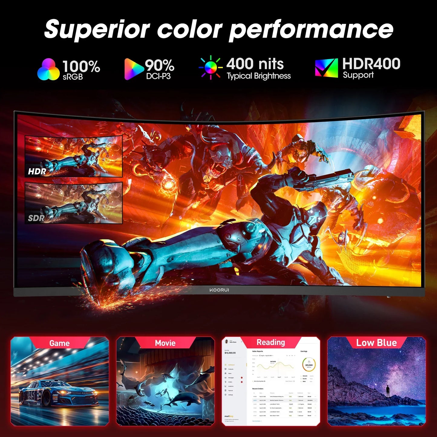 Curved gaming monitor displaying vibrant sci-fi action with superior color performance, HDR400 support, 100% sRGB, 90% DCI-P3, 400 nits brightness