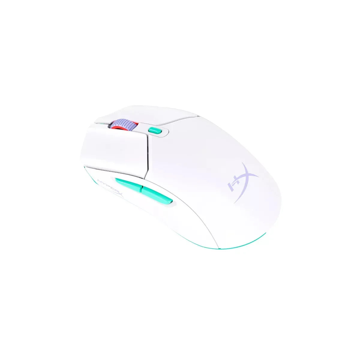 White HyperX gaming mouse with turquoise side buttons and scroll wheel on white background