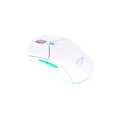 White HyperX gaming mouse with turquoise side buttons and scroll wheel on white background