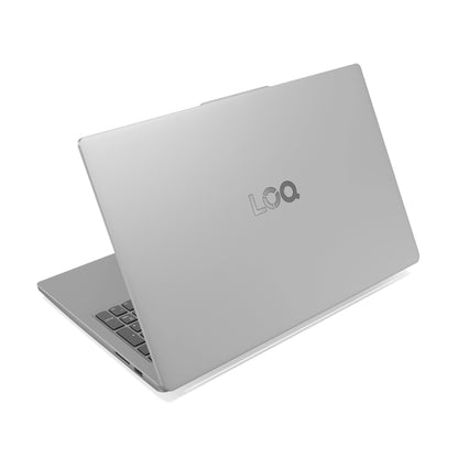 Silver gaming laptop with LOQ logo, partially open, sleek minimalist design