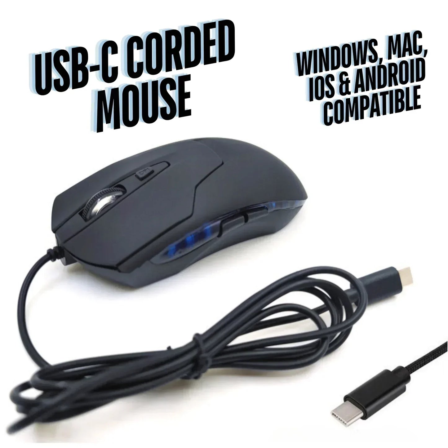 Black USB-C corded mouse with side buttons, compatible with Windows, Mac, iOS, and Android
