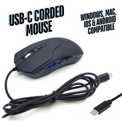 Black USB-C corded mouse with side buttons, compatible with Windows, Mac, iOS, and Android