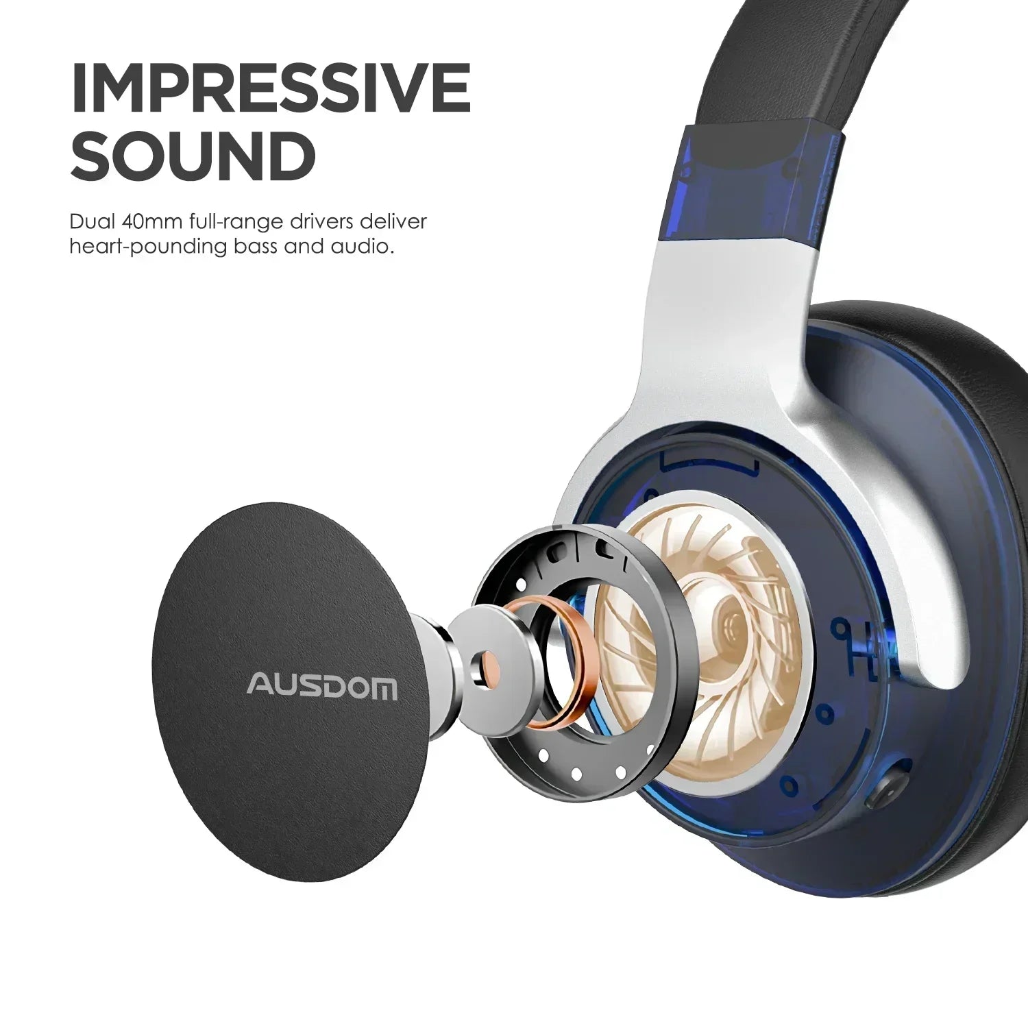 Close-up of gaming headset with exploded view of 40mm driver components and ear cup.