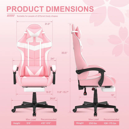 Pink and white ergonomic gaming chair with adjustable dimensions and lumbar support, designed for multiple body shapes
