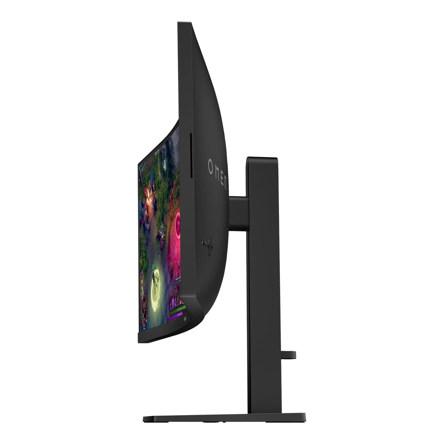 Side view of a curved OMEN gaming monitor displaying a colorful game scene, with black adjustable stand