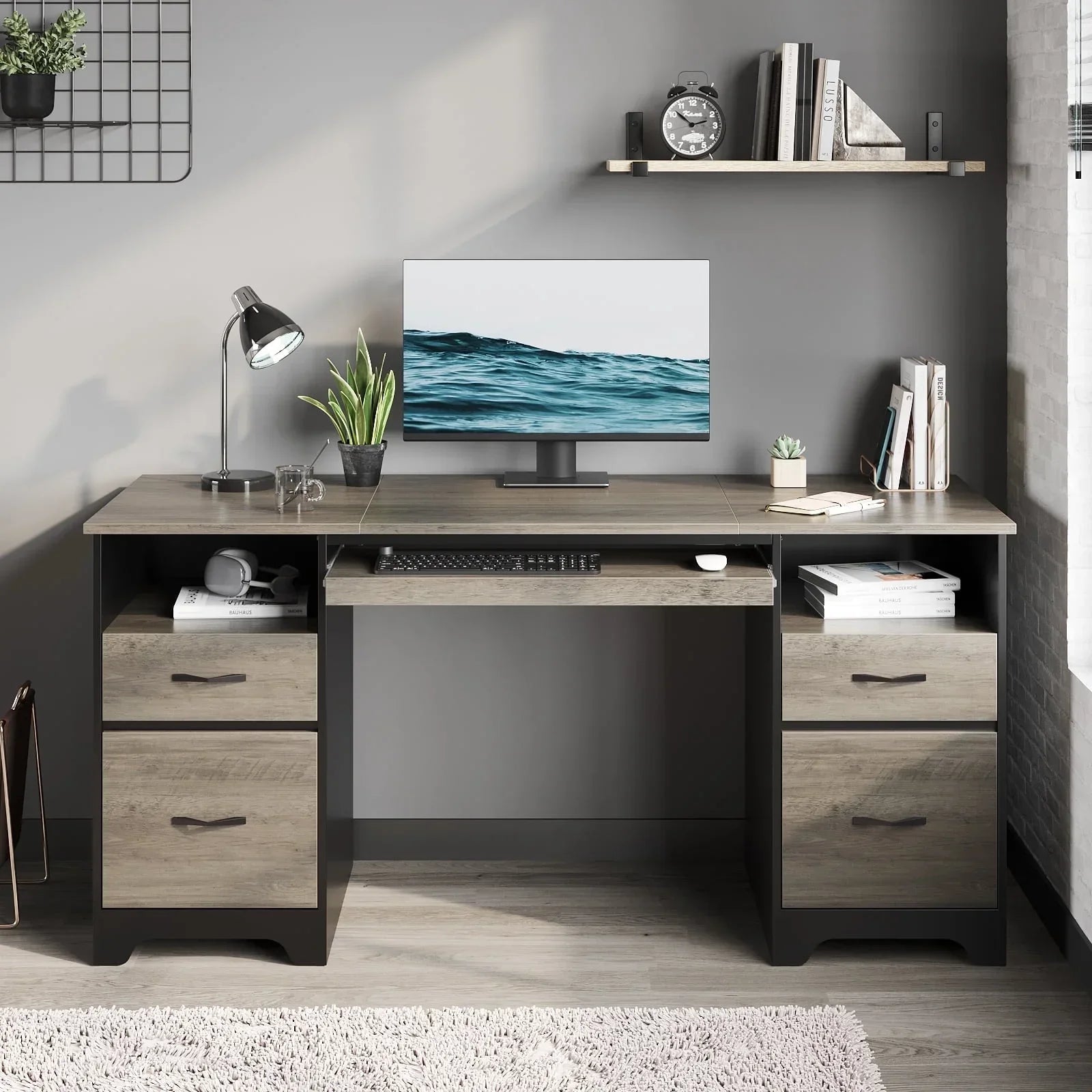 59” Computer Desk with 4 Drawers, Office Executive Desk with File Drawer, Keyboard Tray for Home Office, Gray