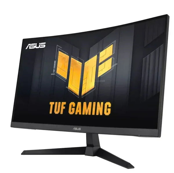 ASUS TUF Gaming curved monitor with black stand and yellow logo on screen