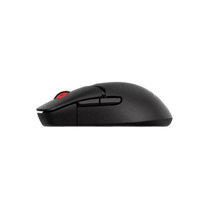 Black ergonomic wireless computer mouse with red scroll wheel on white background