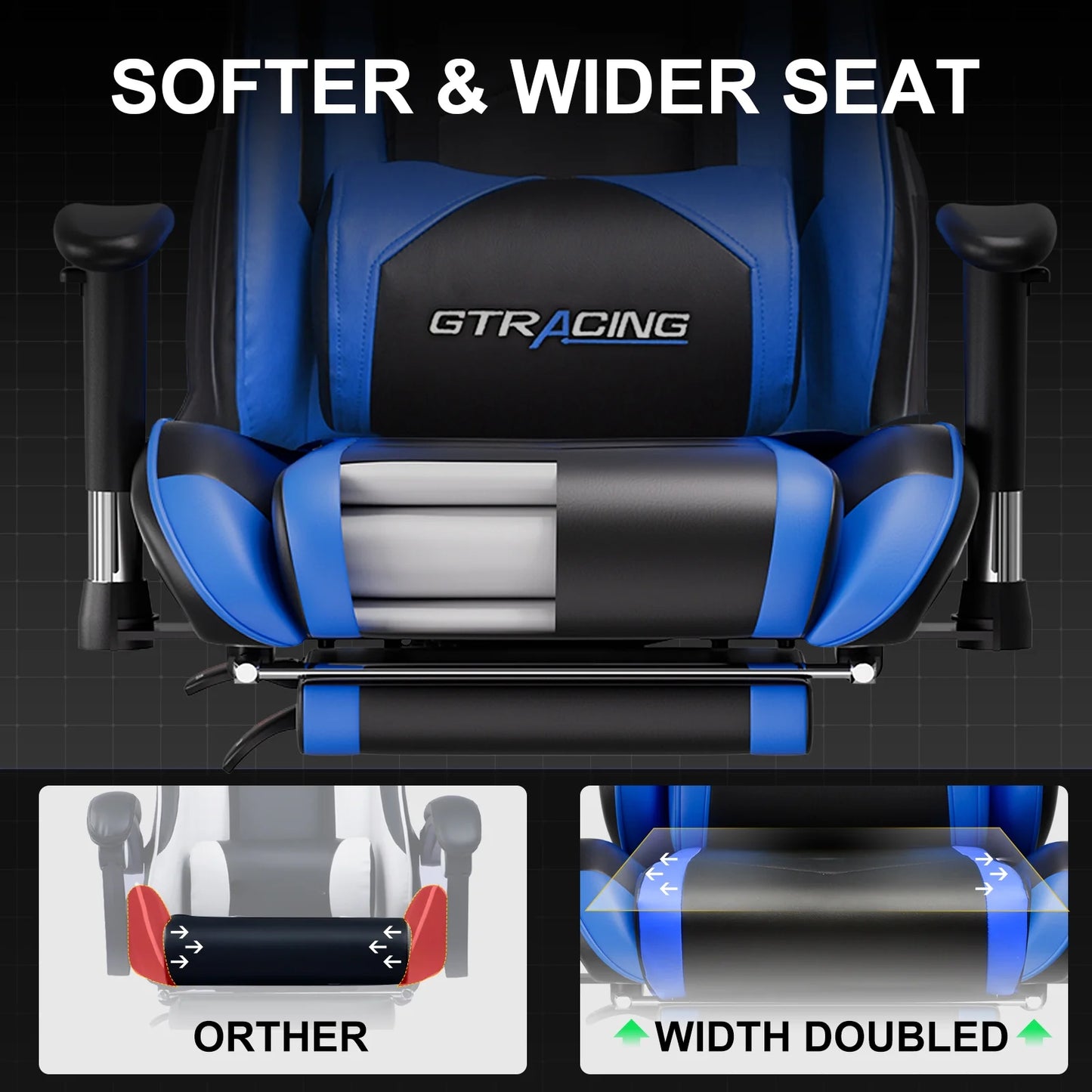 Blue and black GTRACING gaming chair with softer, wider seat for comfort and support