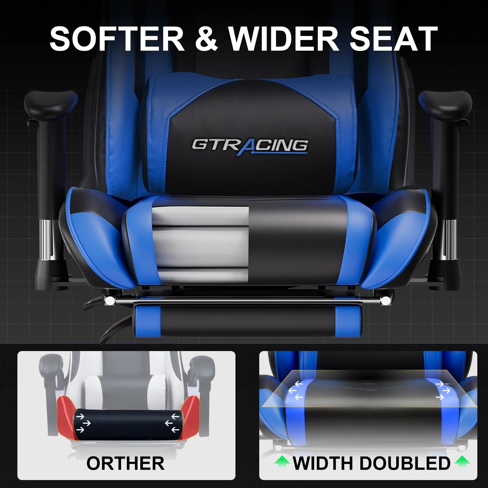 Blue and black GTRACING gaming chair with softer, wider seat for comfort and support