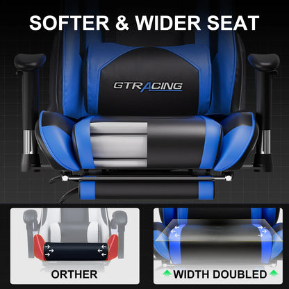 Blue and black GTRACING gaming chair with softer, wider seat for comfort and support