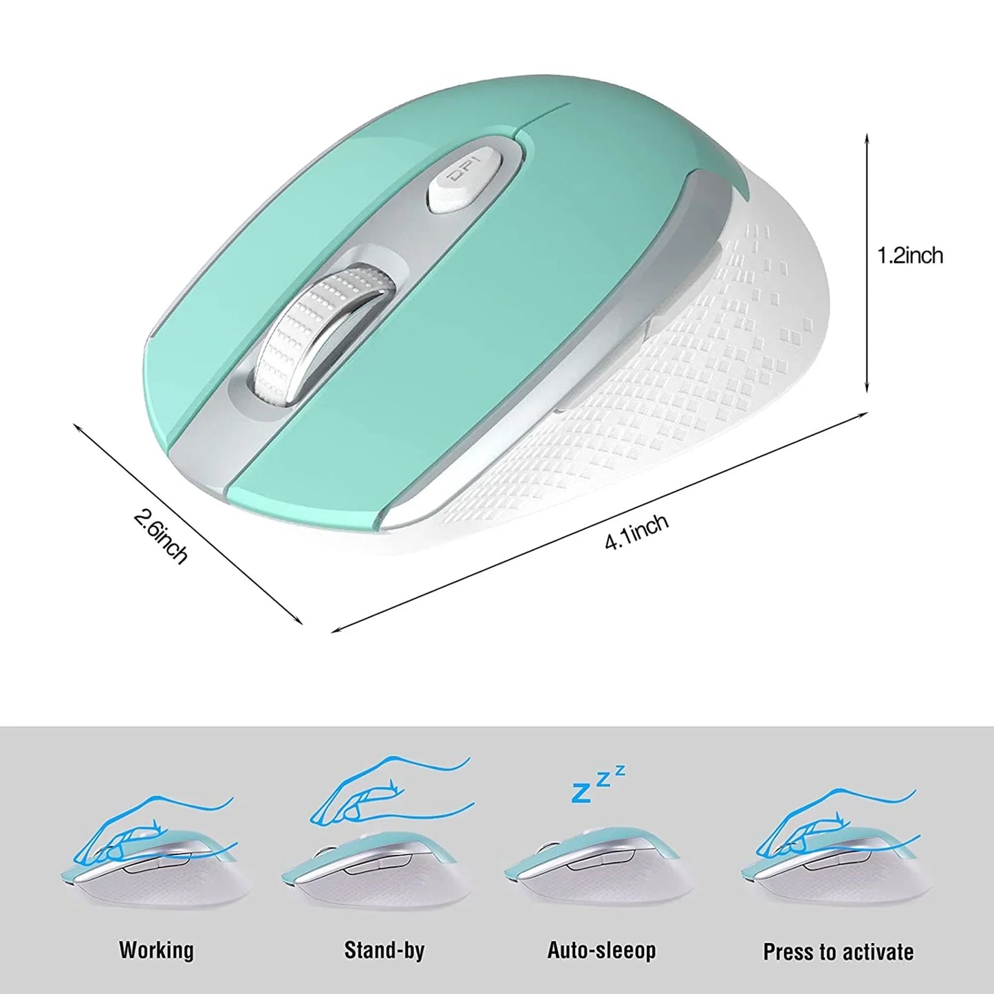 Mint green and white wireless gaming mouse with ergonomic design and size dimensions, shown with usage modes including working, standby, auto-sleep, and press to activate.