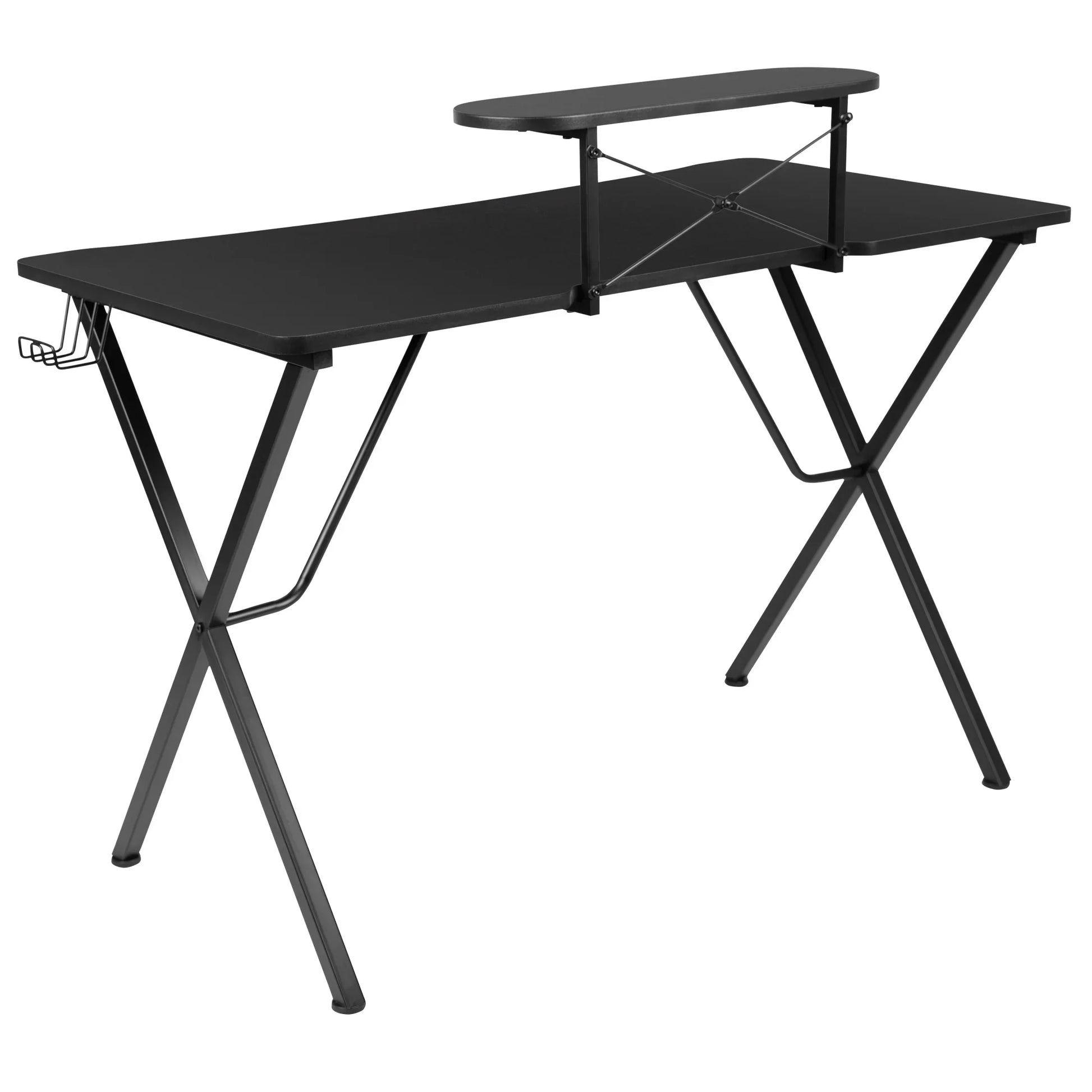 Modern black gaming desk with elevated monitor shelf, metal X-frame legs, and headphone holder