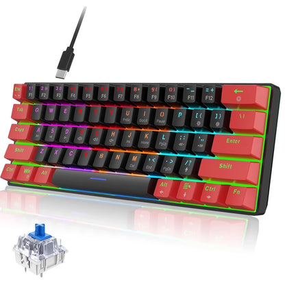 RGB backlit 8-bit style gaming keyboard with red and black keycaps, USB-C, blue switch, Byte Style