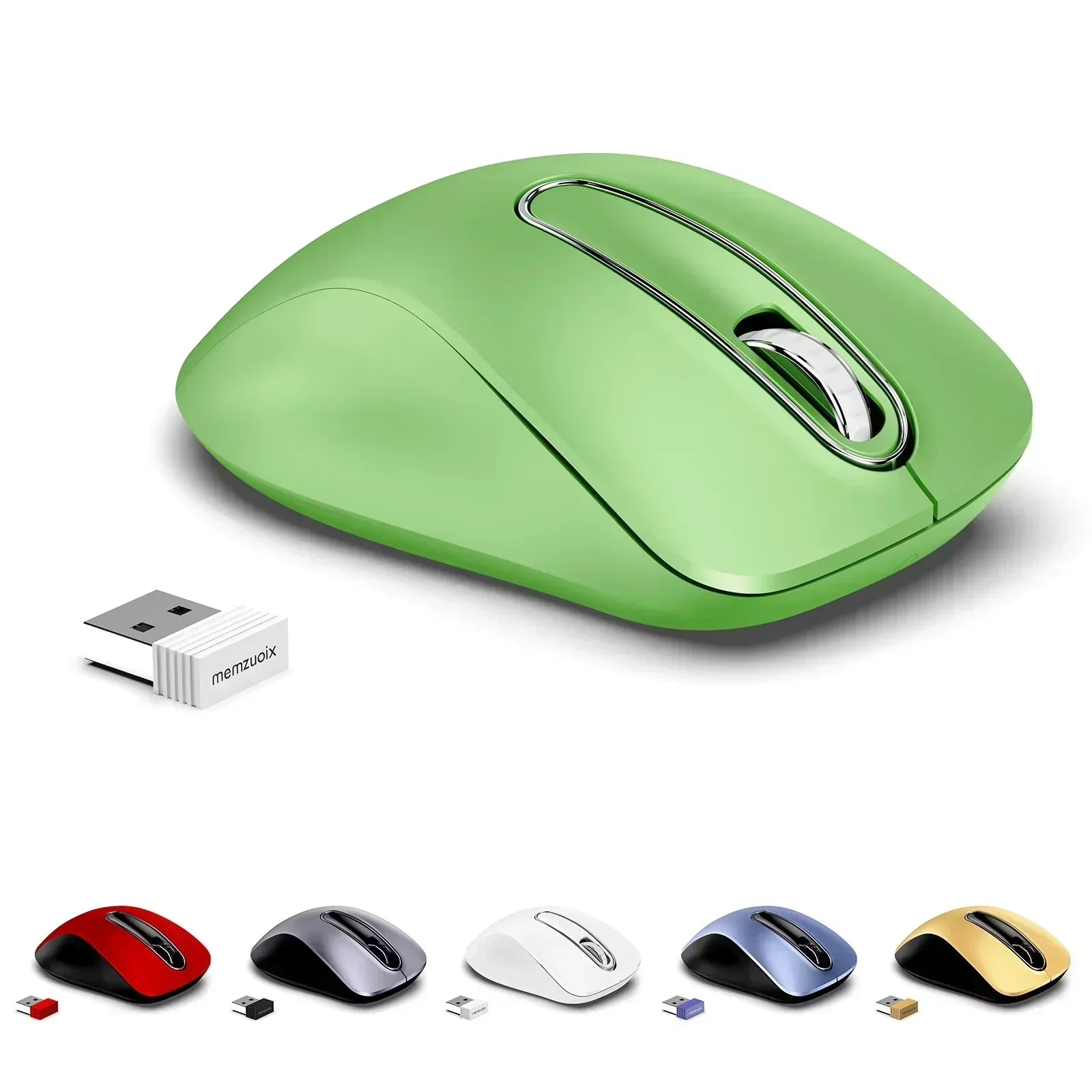 Wireless gaming mouse in green with USB receiver, shown with five color options