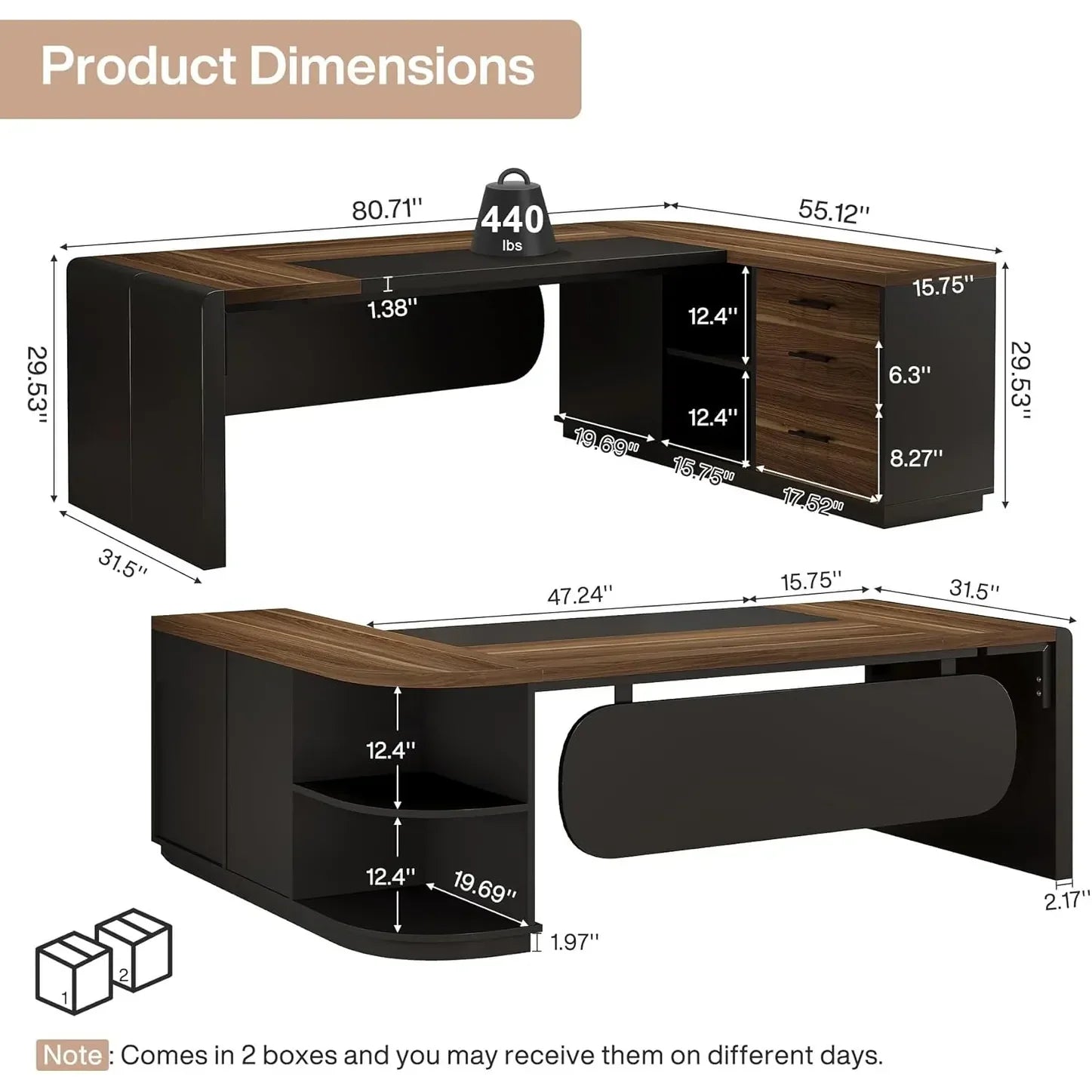 80 Inches Executive Desk, L-Shaped Office Desk with 55 Inches Cabine