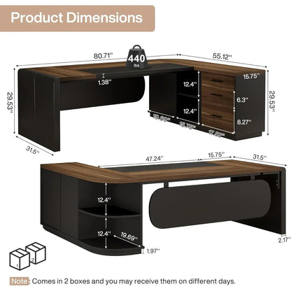 80 Inches Executive Desk, L-Shaped Office Desk with 55 Inches Cabine