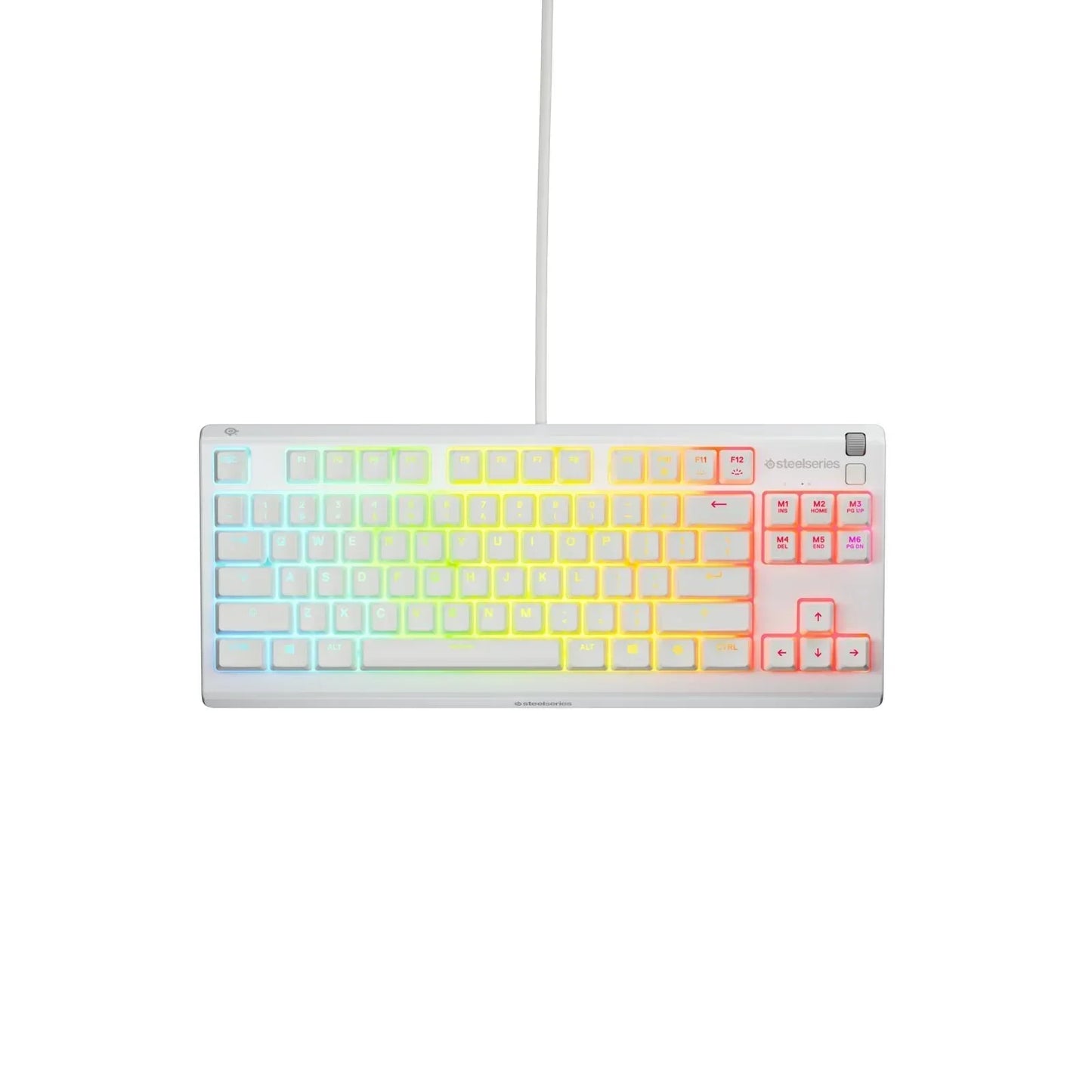 White SteelSeries RGB gaming keyboard with multicolor backlit keys on a white background