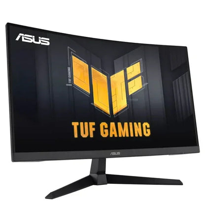 ASUS TUF Gaming curved monitor with black stand and yellow logo on screen