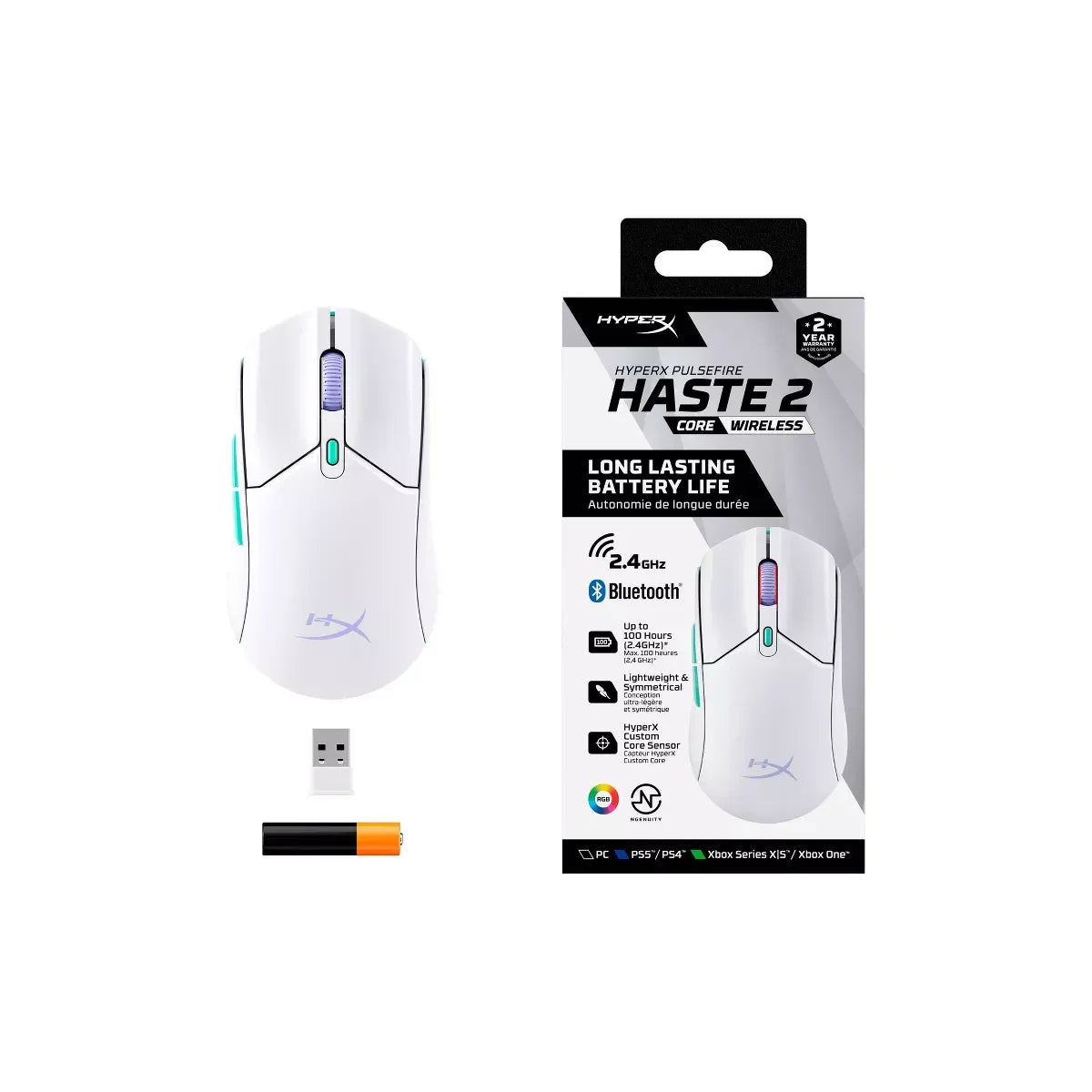 White HyperX Pulsefire Haste 2 wireless gaming mouse with USB dongle and battery next to its packaging