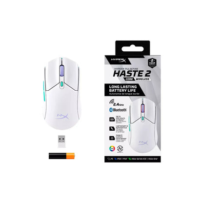 White HyperX Pulsefire Haste 2 wireless gaming mouse with USB dongle and battery next to its packaging