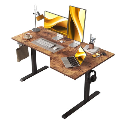 55.1 Inch Electric L-Shaped Height Adjustable Standing Desk, Sit to Stand Corner Desk with Memory Presets and Hooks, Ergonomic Home Office Computer Desk for Workstations, Rustic Brown