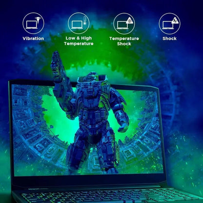 Gaming laptop with futuristic robot graphic, durability icons for vibration, temperature, shock