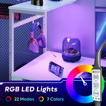 Gaming setup with purple-pink RGB LED lighting, wireless headset, Nintendo Switch, and speaker