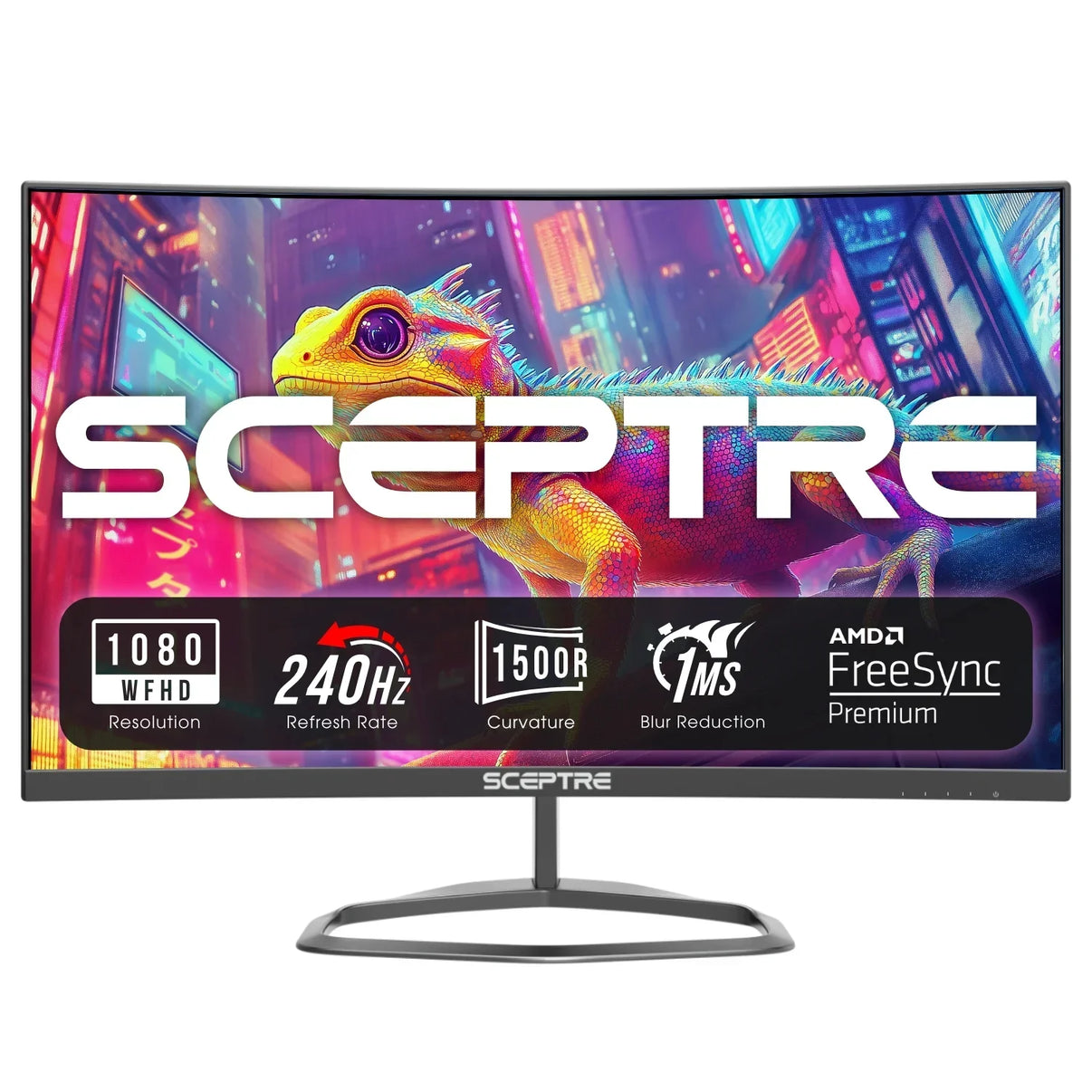 Sceptre curved gaming monitor showing colorful lizard, 1080p resolution, 240Hz refresh rate, 1500R curvature, 1ms blur reduction, AMD FreeSync Premium