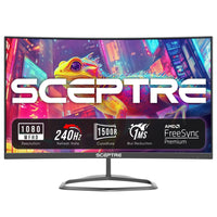 Sceptre curved gaming monitor showing colorful lizard, 1080p resolution, 240Hz refresh rate, 1500R curvature, 1ms blur reduction, AMD FreeSync Premium