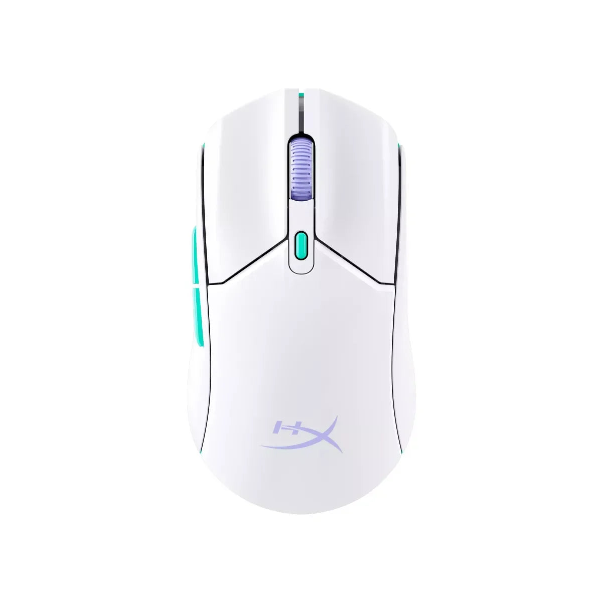 Top view of white HyperX gaming mouse with purple scroll wheel and teal side buttons