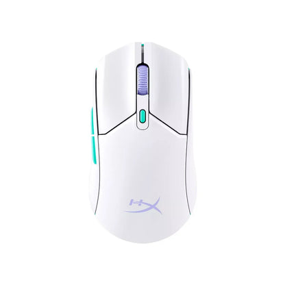 Top view of white HyperX gaming mouse with purple scroll wheel and teal side buttons