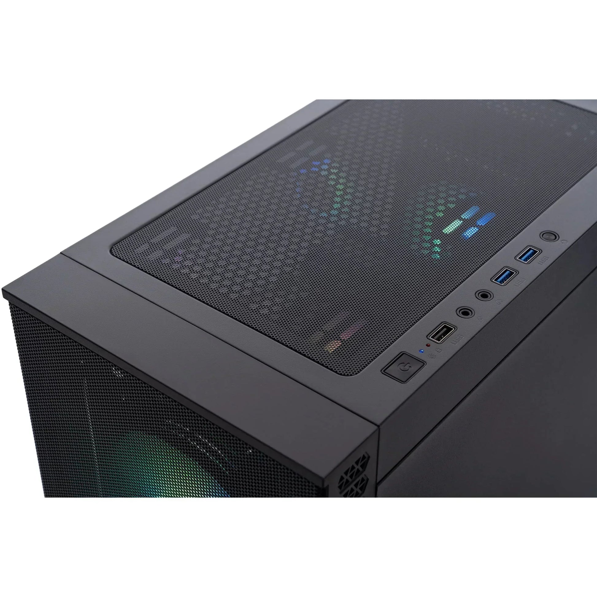 Close-up of a black gaming PC case with mesh top, RGB fans, front USB and audio ports